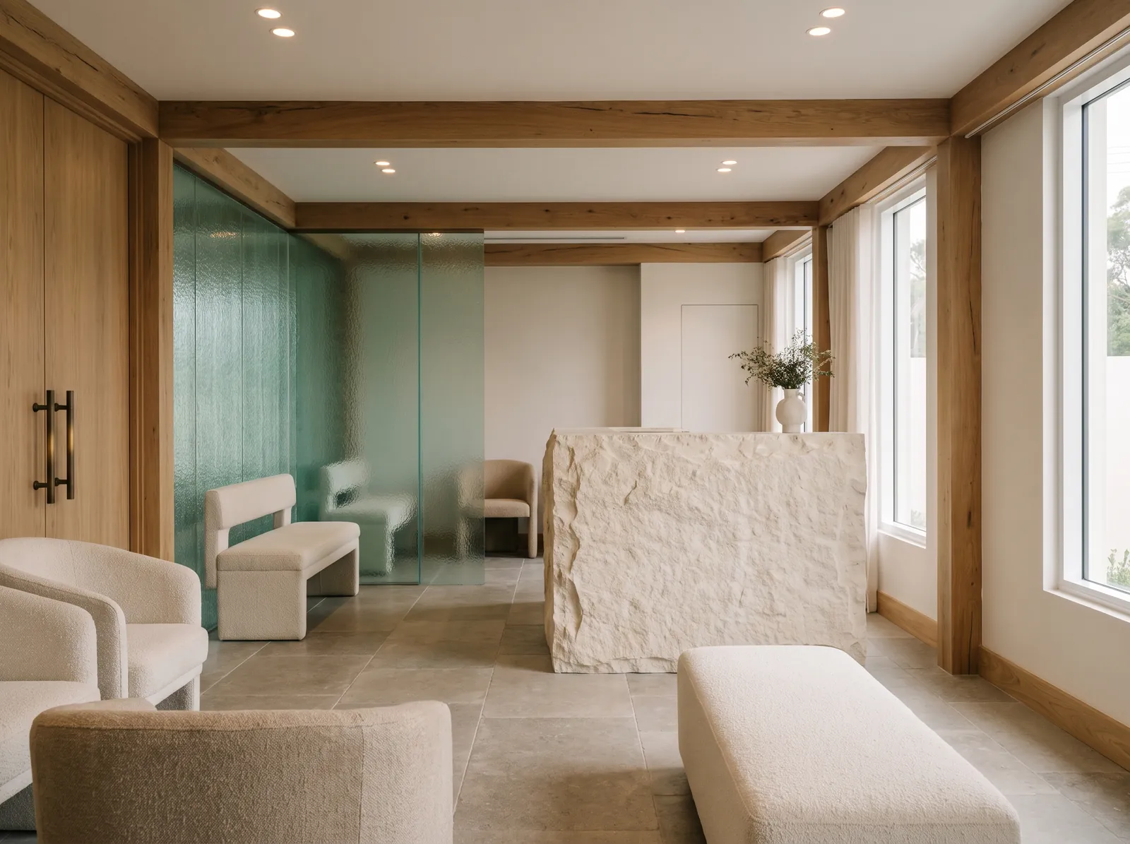 A reception with pale stone, timber beams and a green glass partition.