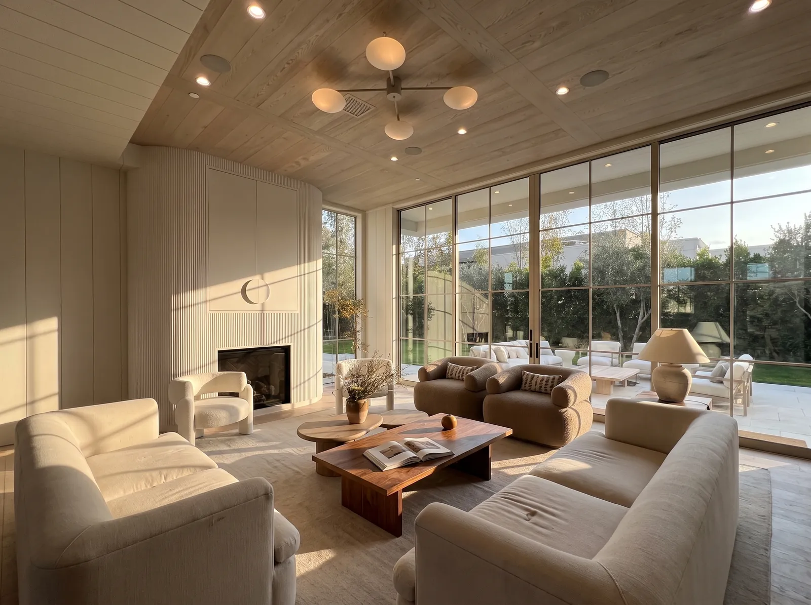 A sunlit living room with cream seating, walnut tables and a garden view.
