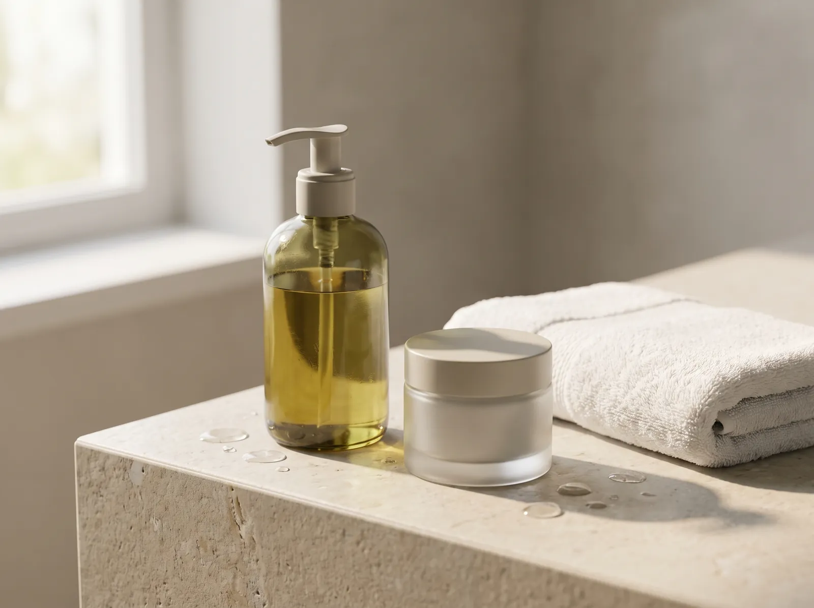 Unbranded care products on a stone ledge beside a cotton towel.