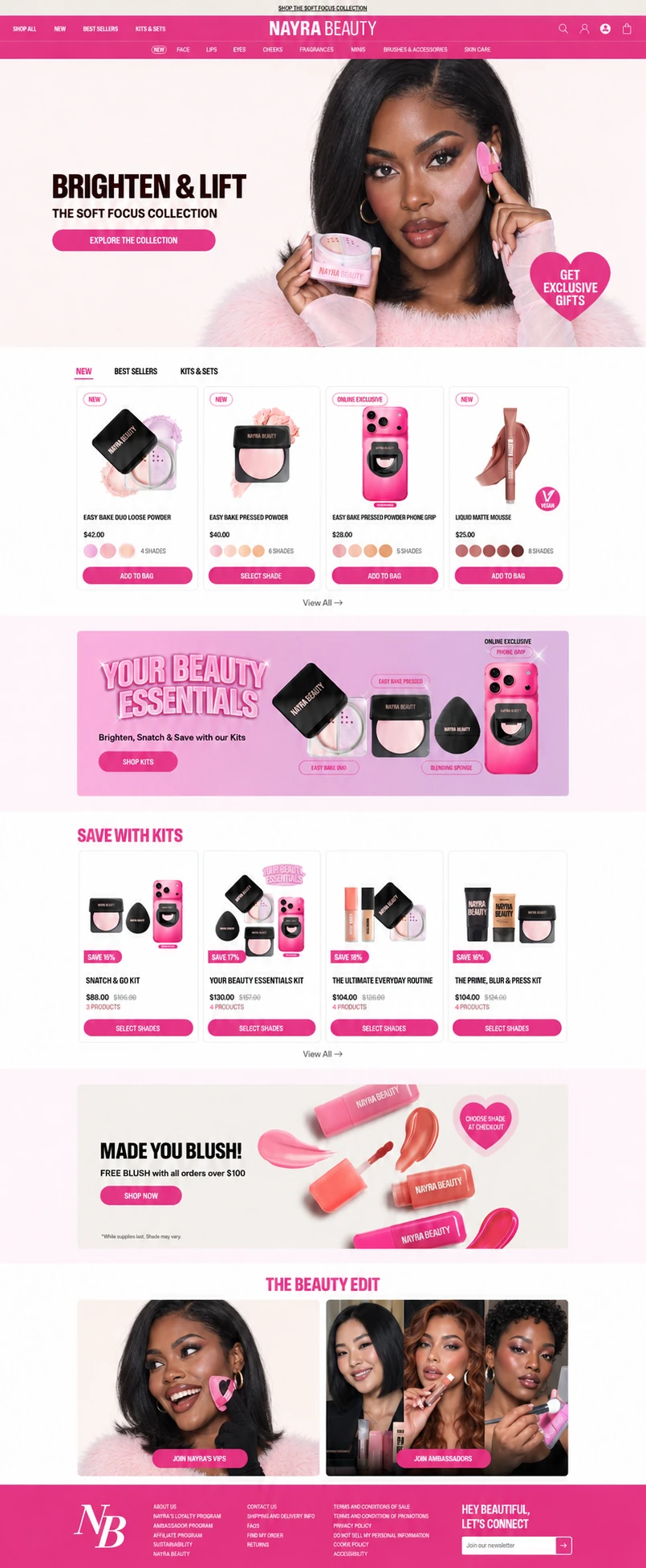 Full NAYRA BEAUTY makeup store design with a pink campaign, product collections and editorial portraits
