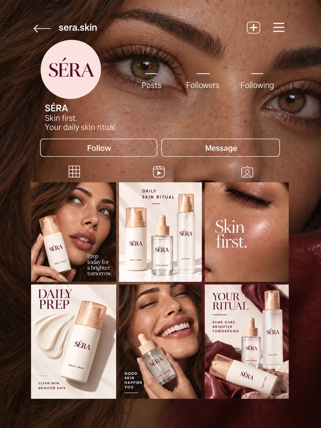 لوحة محتوى SÉRA تجمع البورتريه وتصوير المنتج وقوام العناية بالبشرة